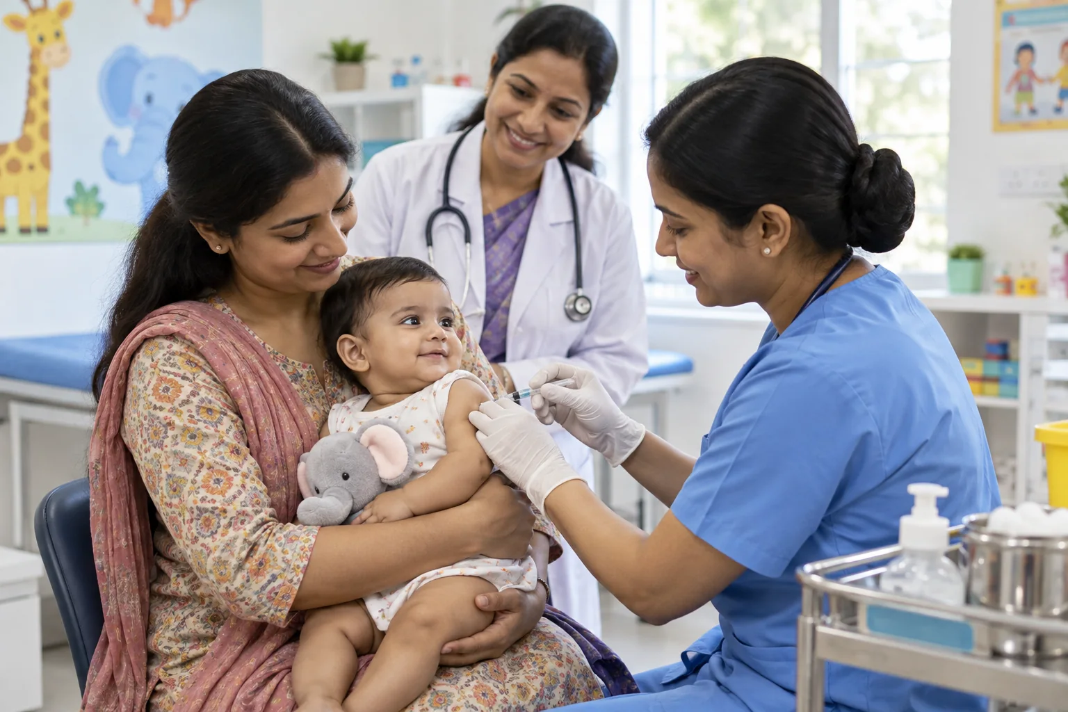 HOME 17 Indian parent holding a baby during a routine vaccination appointment
