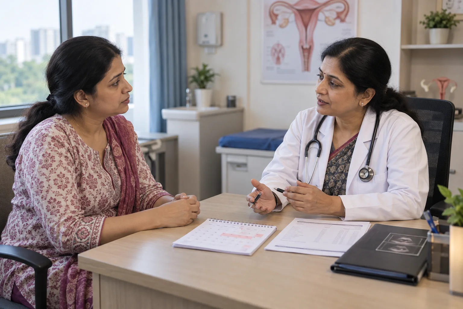 HOME 19 Indian woman consulting a gynecologist about heavy periods and abnormal bleeding