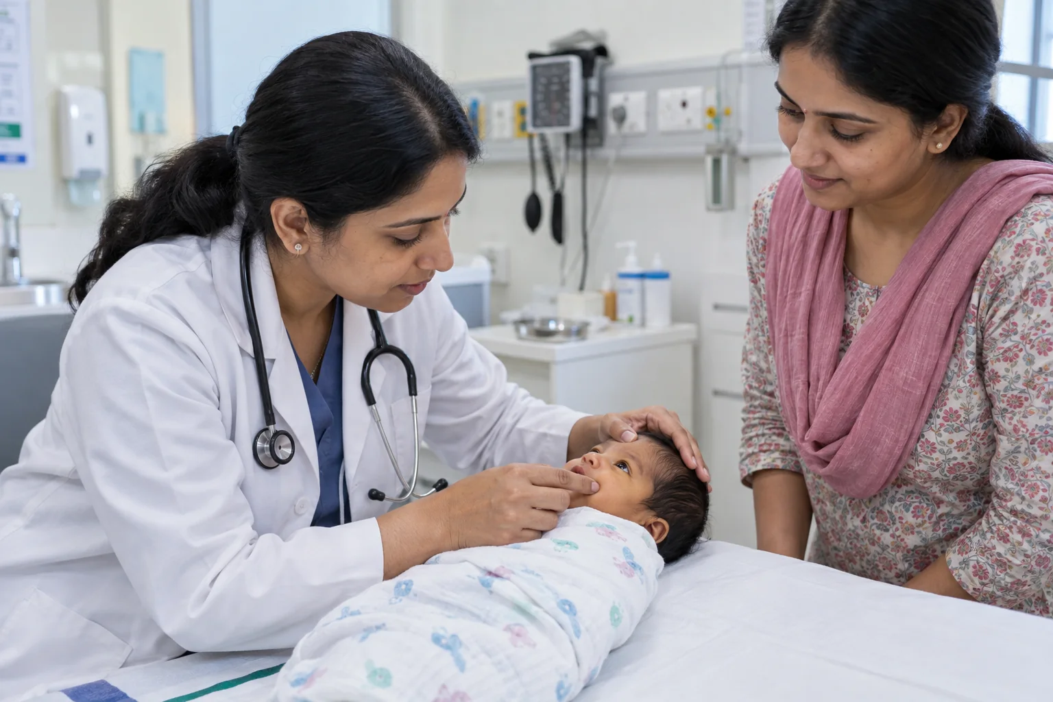 HOME 16 Pediatrician examining a newborn baby for jaundice in a hospital