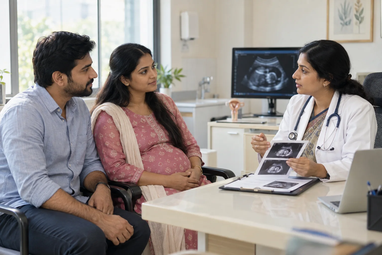 HOME 14 Pregnant Indian couple discussing normal delivery and C-section planning with an obstetrician