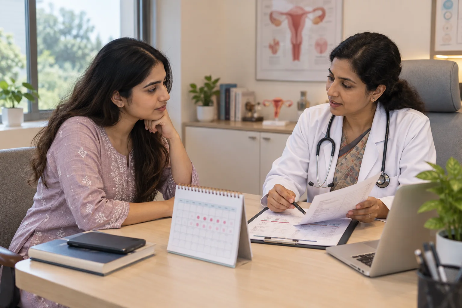 HOME 18 Young Indian woman consulting a gynecologist about PCOS and irregular periods