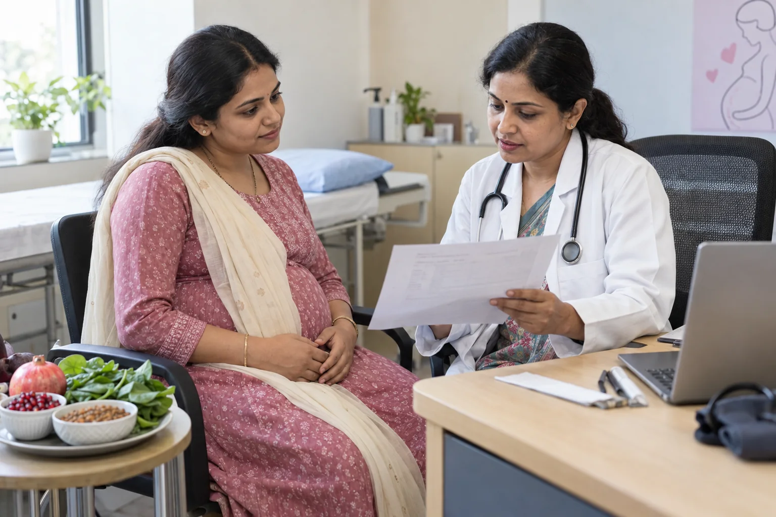 HOME 15 Pregnant Indian woman reviewing an anemia blood report with a doctor